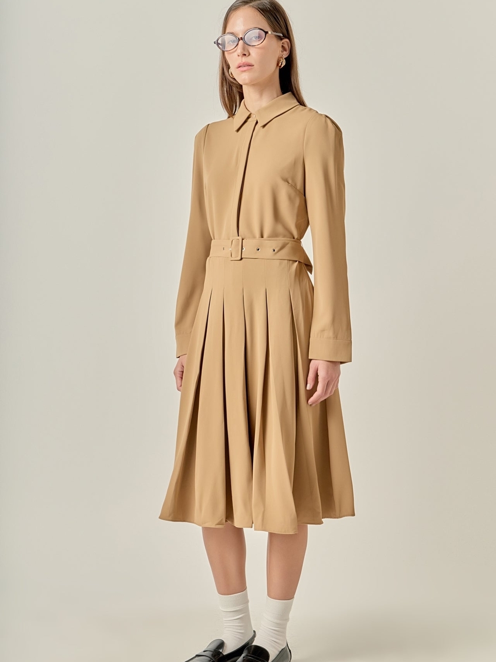 English Factory Pleated Collared Long Sleeve Midi Dress Work Office Preppy